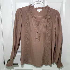 Mine Boho embroidered and embellished blouse size medium taupe/ tan color